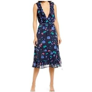 NWT Chelsea28 Blue floral dress plunging vneck ruffle midi dress Nordstrom navy